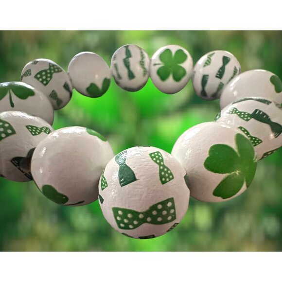 Luck of the Irish Clover Wood Beaded Stretch Bracelet St Patricks Day Ne… - Picture 5 of 12